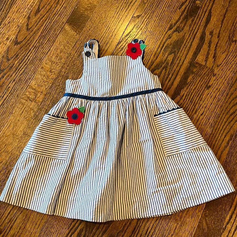 Florence Eiseman blue and white striped dress, red flower details, size 2T
